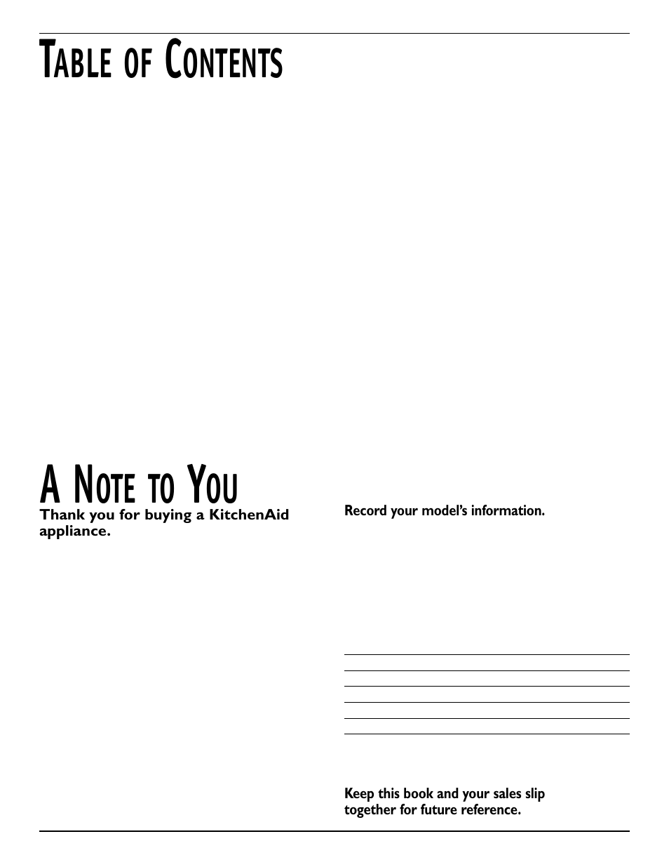 A note to you, Ote to, Able of | Ontents | KITCHENAID 2209477 User Manual | Page 2 / 96