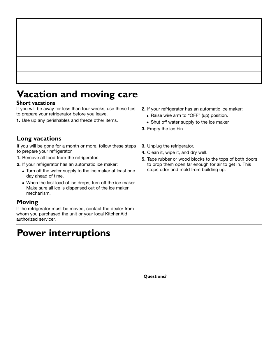 Vacation and moving care, Power interruptions, Short vacations | Long vacations moving | KITCHENAID 2209477 User Manual | Page 20 / 96