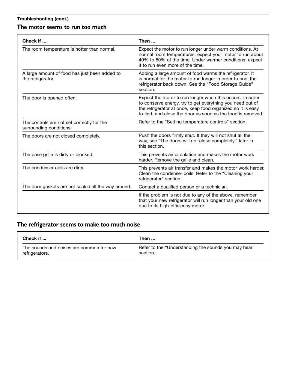 The motor seems to run too much, The refrigerator seems to make too much noise | KITCHENAID 2209477 User Manual | Page 24 / 96