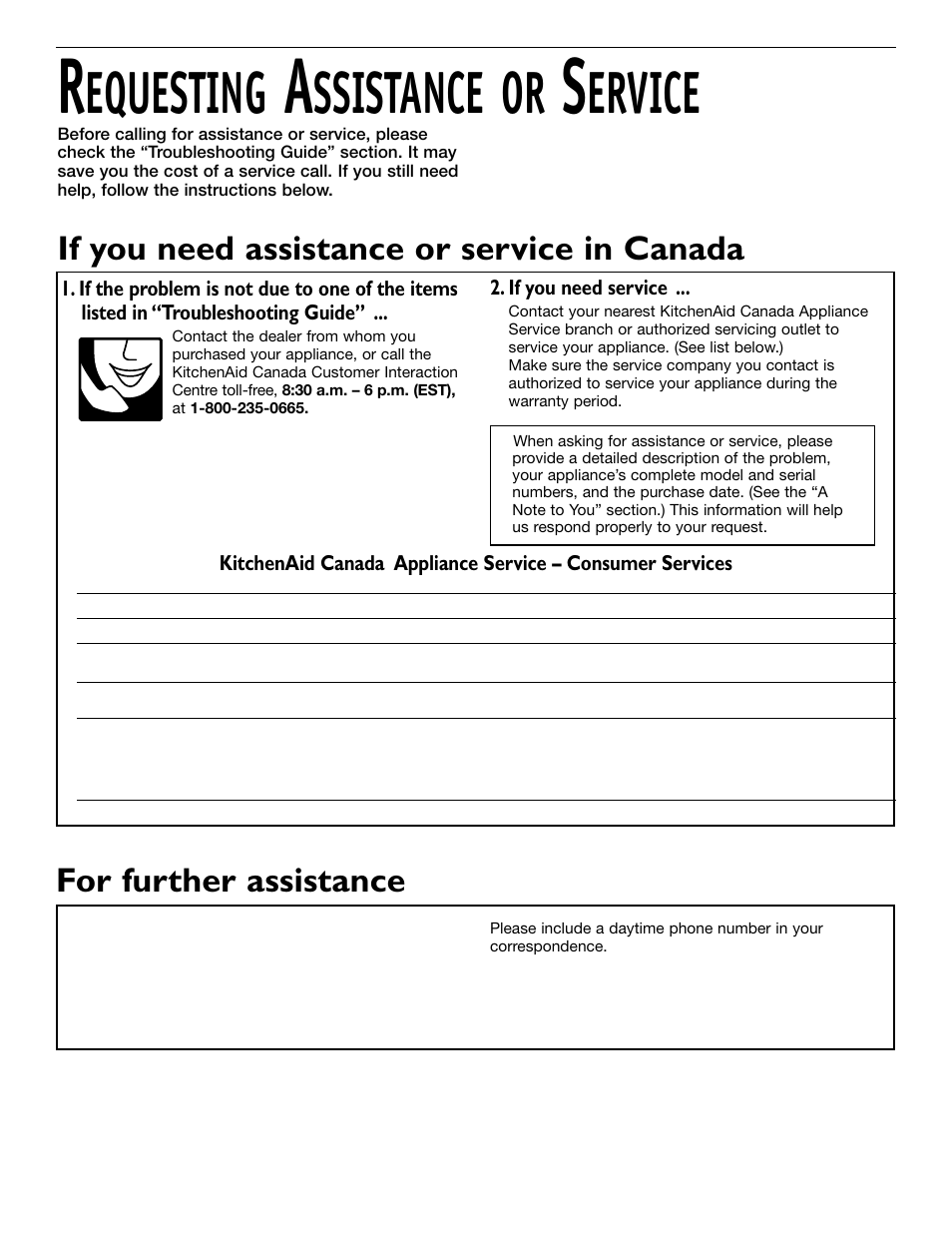 Equesting, Ssistance or, Ervice | For further assistance, If you need assistance or service in canada | KITCHENAID 2209477 User Manual | Page 29 / 96