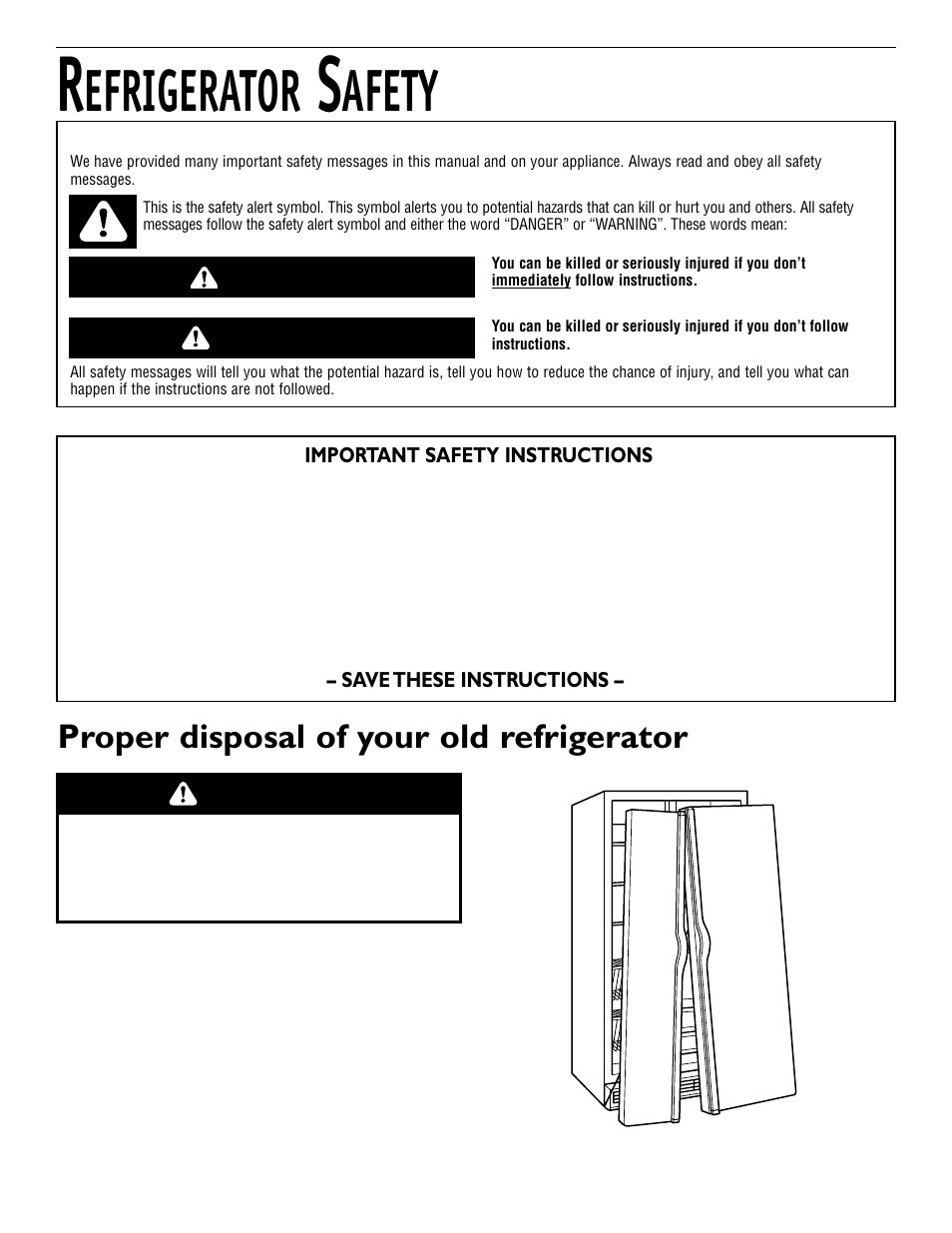 Safety, Efrigerator, Afety | Proper disposal of your old refrigerator, Danger warning, Warning | KITCHENAID 2209477 User Manual | Page 3 / 96