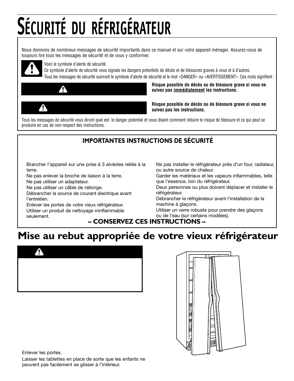 Écurité du réfrigérateur, Danger avertissement, Avertissement | KITCHENAID 2209477 User Manual | Page 35 / 96