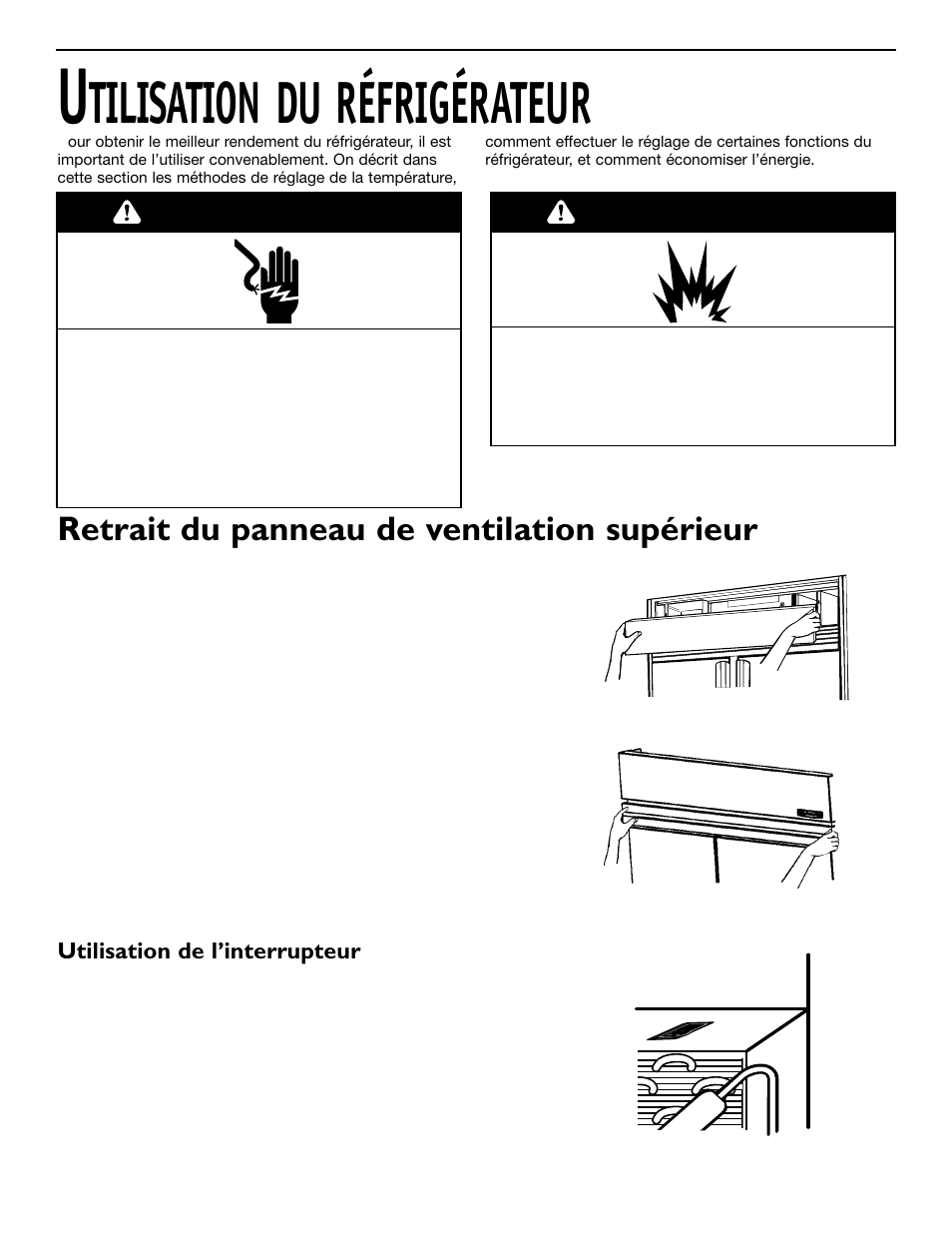 Tilisation du réfrigérateur, Retrait du panneau de ventilation supérieur, Avertissement | Utilisation de l’interrupteur | KITCHENAID 2209477 User Manual | Page 37 / 96