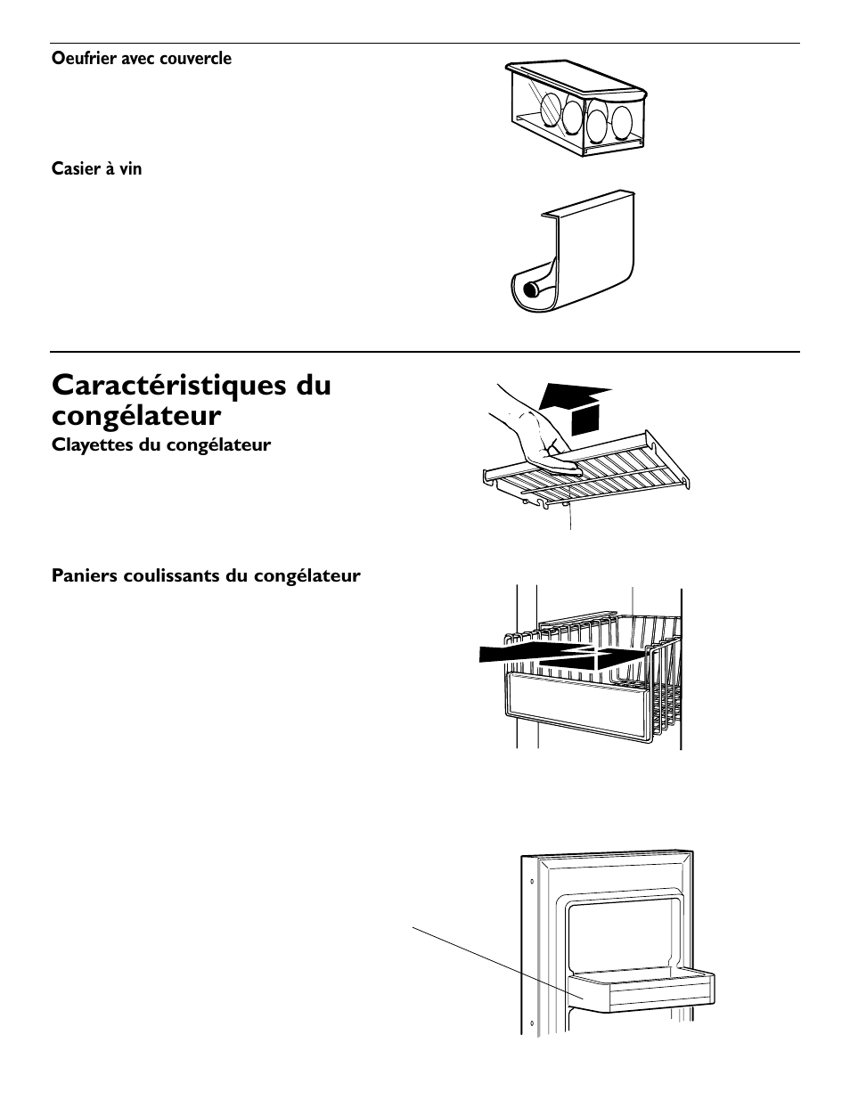 Caractéristiques du congélateur, Oeufrier avec couvercle, Casier à vin | Clayettes du congélateur, Paniers coulissants du congélateur | KITCHENAID 2209477 User Manual | Page 42 / 96