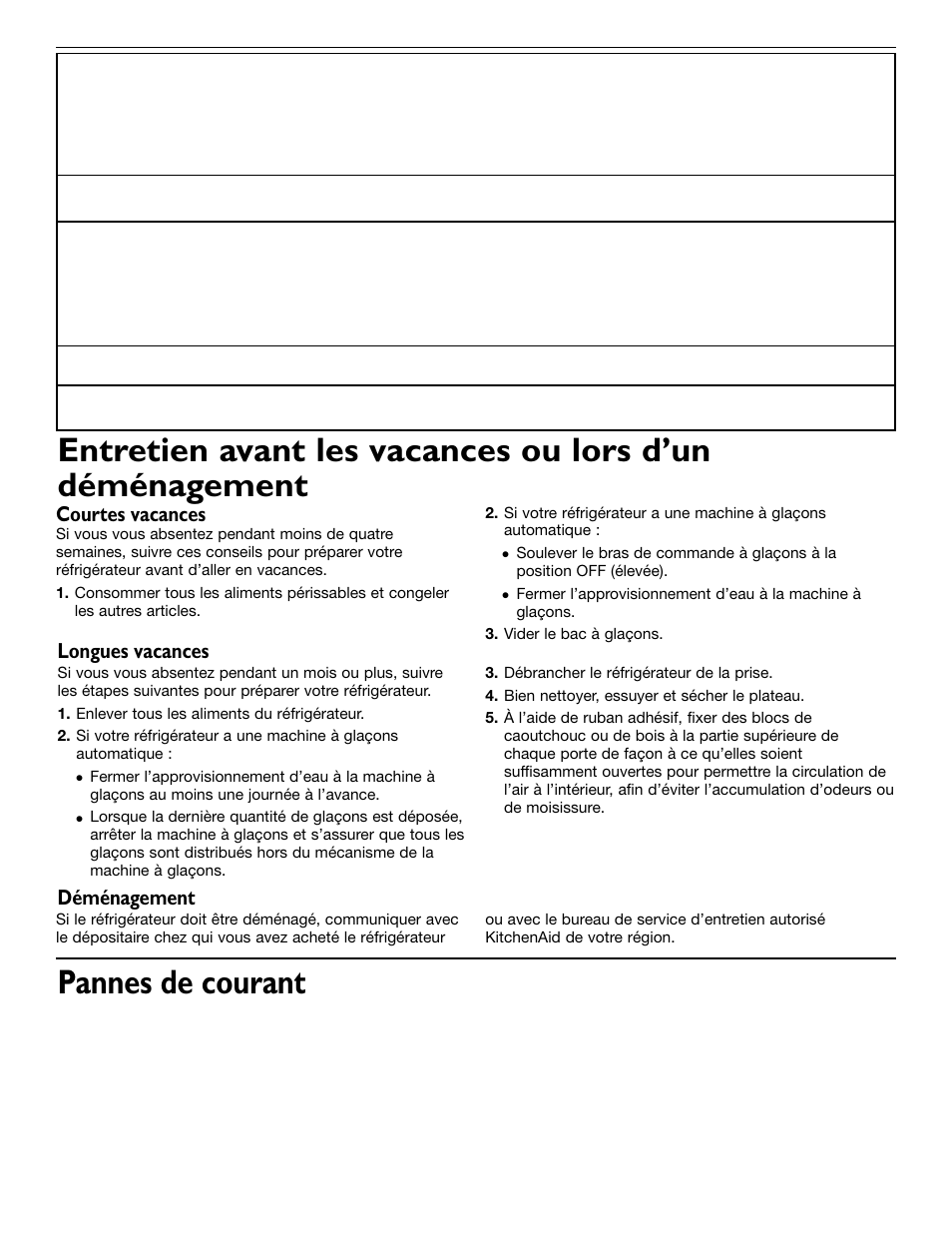 Pannes de courant, Courtes vacances, Longues vacances déménagement | KITCHENAID 2209477 User Manual | Page 52 / 96