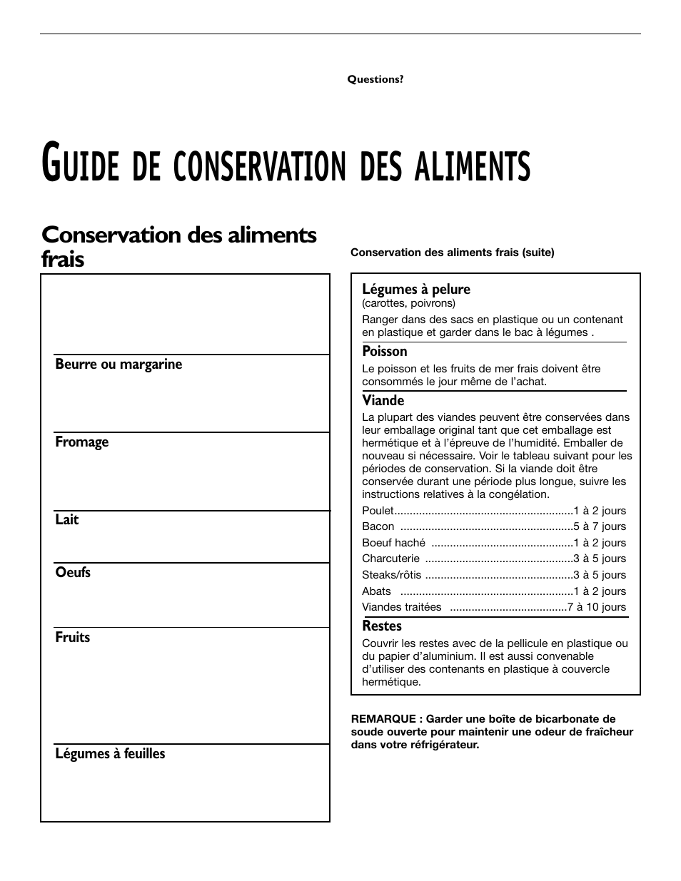 Uide de conservation des aliments, Conservation des aliments frais | KITCHENAID 2209477 User Manual | Page 53 / 96