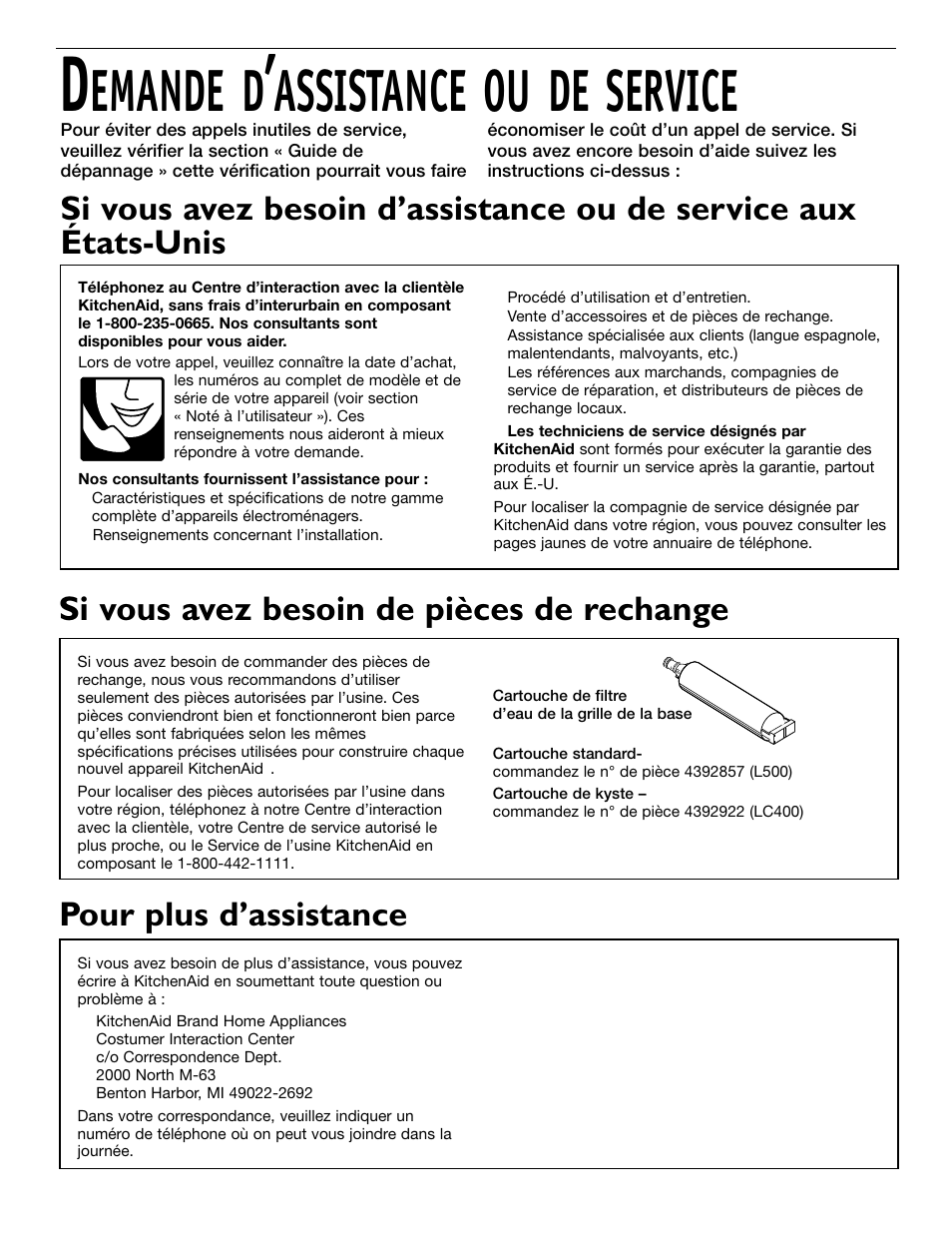 Emande d, Assistance ou de service, Si vous avez besoin de pièces de rechange | Pour plus d’assistance | KITCHENAID 2209477 User Manual | Page 60 / 96