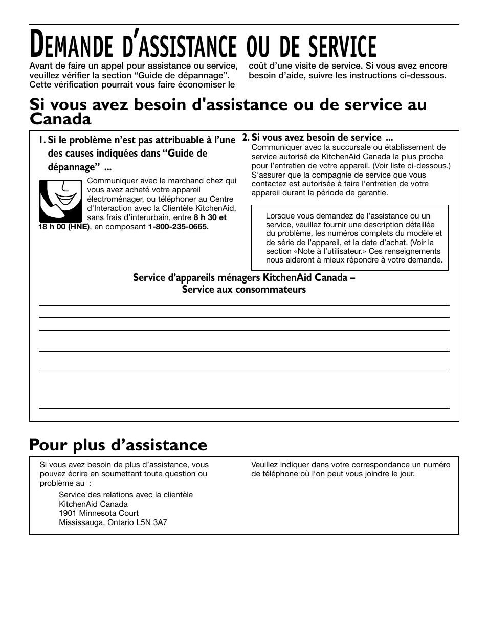 Emande d, Assistance ou de service, Pour plus d’assistance | KITCHENAID 2209477 User Manual | Page 61 / 96