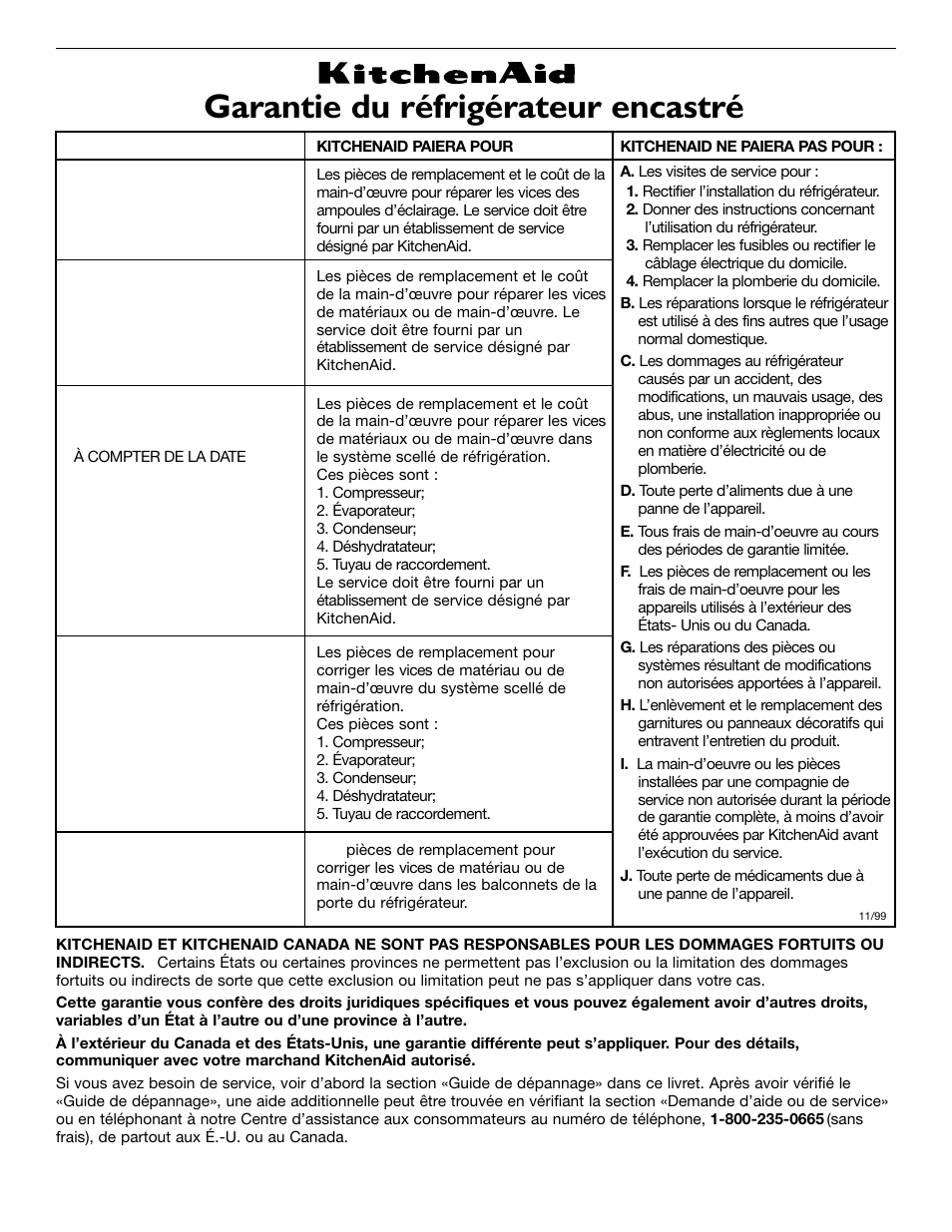 Garantie du réfrigérateur encastré | KITCHENAID 2209477 User Manual | Page 62 / 96