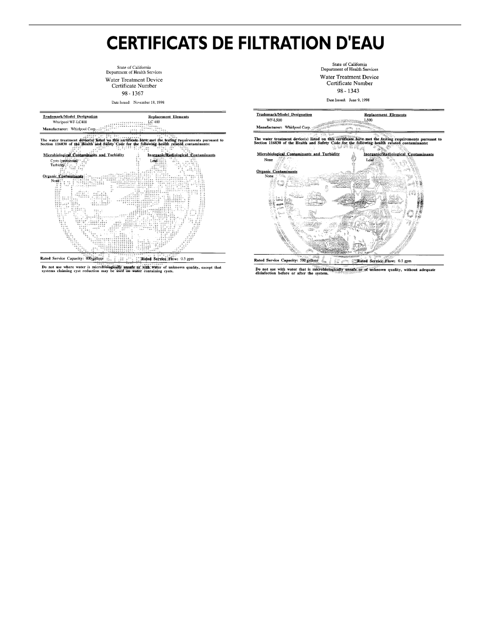 Certificats de filtration d'eau | KITCHENAID 2209477 User Manual | Page 63 / 96