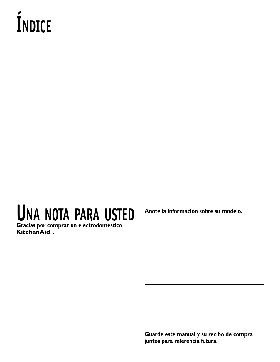 Na nota para usted, Ndice | KITCHENAID 2209477 User Manual | Page 66 / 96