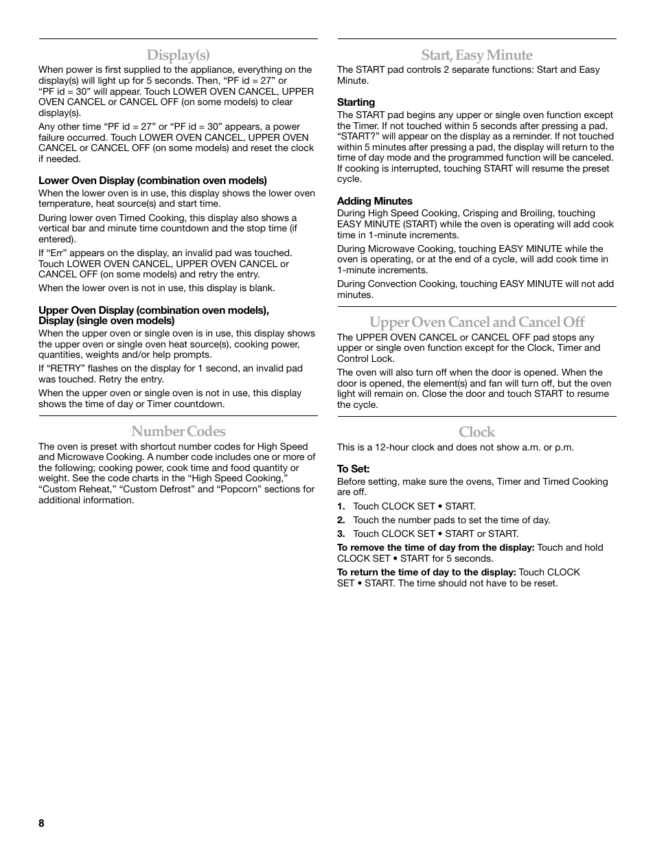 Display(s), Number codes, Start, easy minute | Upper oven cancel and cancel off, Clock | KITCHENAID KBHC109 User Manual | Page 8 / 28