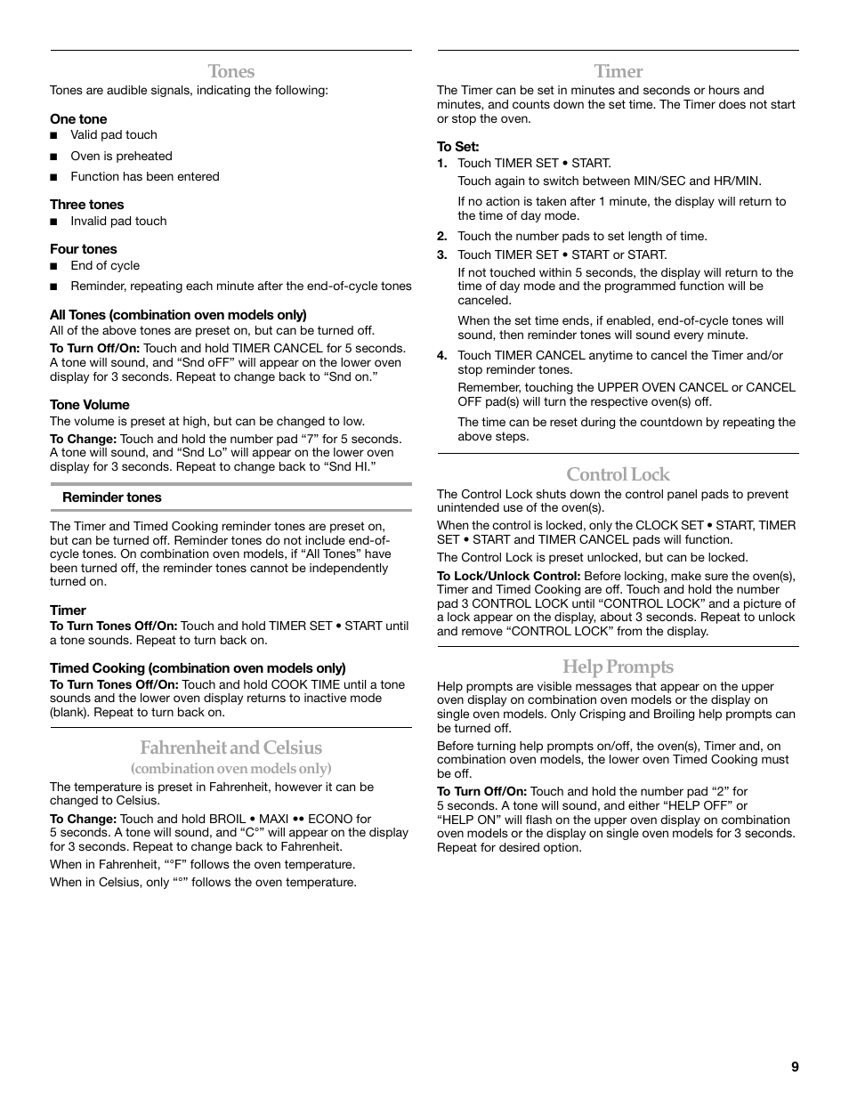 Tones, Fahrenheit and celsius, Timer | Control lock, Help prompts | KITCHENAID KBHC109 User Manual | Page 9 / 28