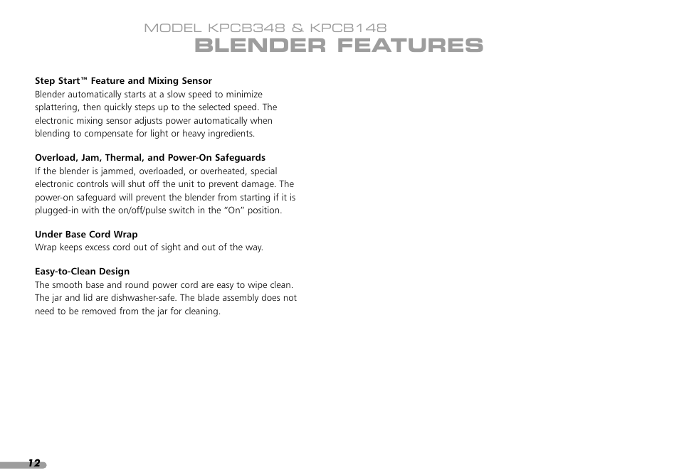 Blender features | KITCHENAID PROLINE KPCB148 User Manual | Page 13 / 78