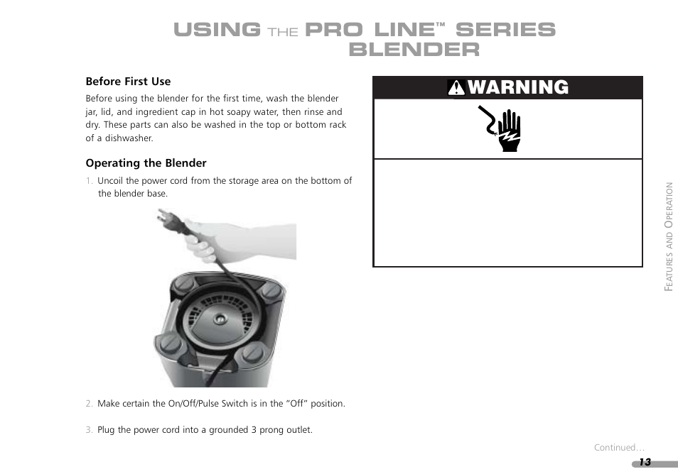 Using, Pro line, Series blender | Warning | KITCHENAID PROLINE KPCB148 User Manual | Page 14 / 78