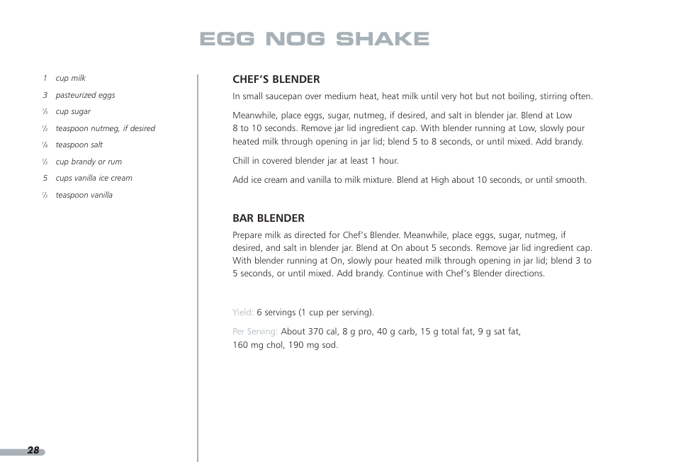 Egg nog shake, Chef’s blender, Bar blender | KITCHENAID PROLINE KPCB148 User Manual | Page 29 / 78