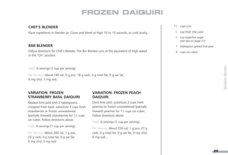 Frozen daiquiri, Chef’s blender, Bar blender | Variation: frozen strawberry basil daiquiri, Variation: frozen peach daiquiri | KITCHENAID PROLINE KPCB148 User Manual | Page 30 / 78