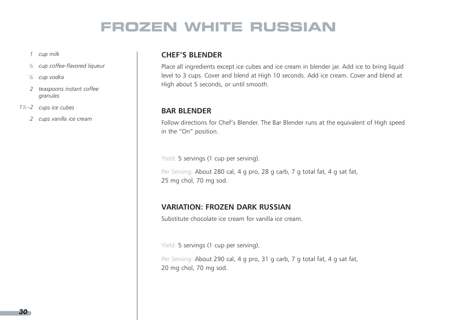 Frozen white russian, Chef’s blender, Bar blender | Variation: frozen dark russian | KITCHENAID PROLINE KPCB148 User Manual | Page 31 / 78