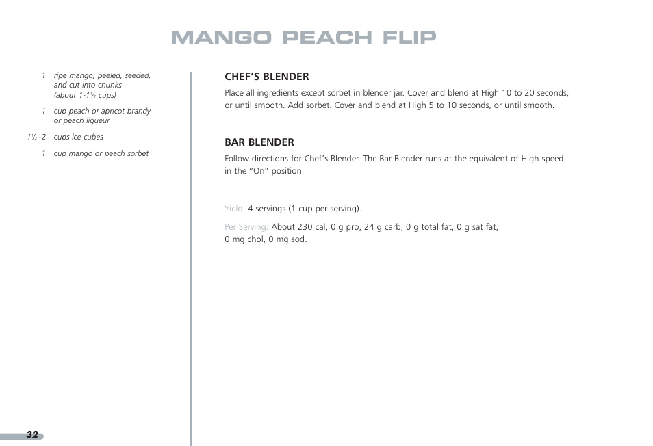 Mango peach flip, Chef’s blender, Bar blender | KITCHENAID PROLINE KPCB148 User Manual | Page 33 / 78