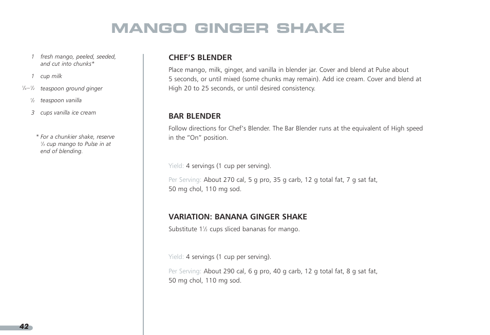 Mango ginger shake, Chef’s blender, Bar blender | Variation: banana ginger shake | KITCHENAID PROLINE KPCB148 User Manual | Page 43 / 78