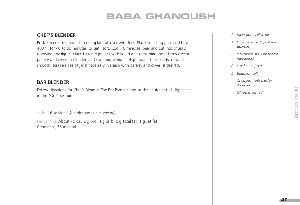 Baba ghanoush, Chef’s blender, Bar blender | KITCHENAID PROLINE KPCB148 User Manual | Page 48 / 78