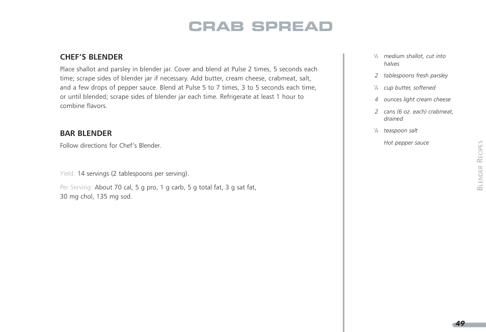 Crab spread, Chef’s blender, Bar blender | KITCHENAID PROLINE KPCB148 User Manual | Page 50 / 78