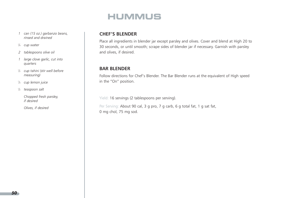 Hummus, Chef’s blender, Bar blender | KITCHENAID PROLINE KPCB148 User Manual | Page 51 / 78