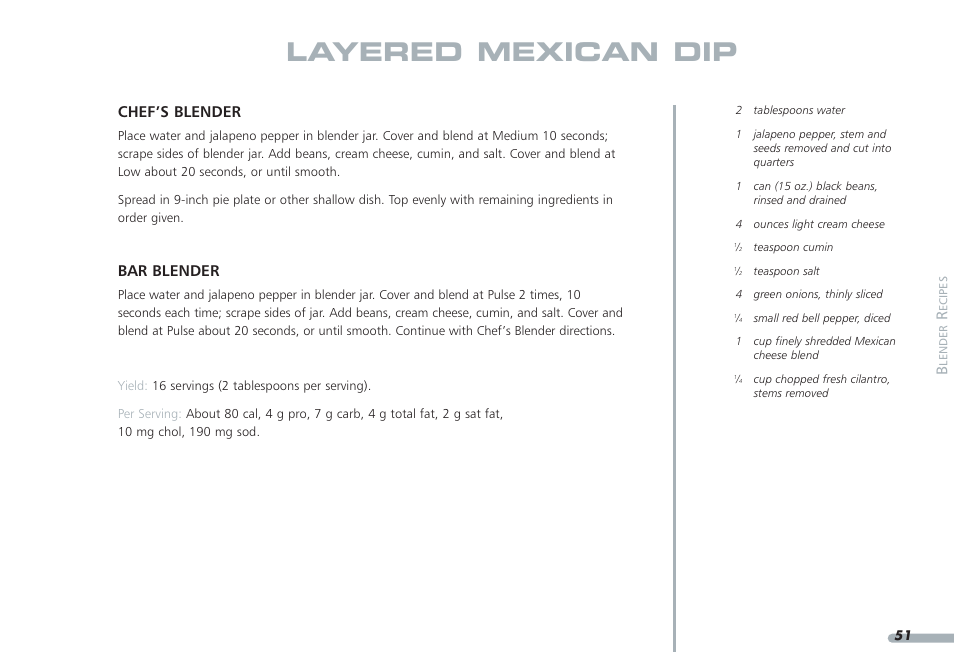 Layered mexican dip, Chef’s blender, Bar blender | KITCHENAID PROLINE KPCB148 User Manual | Page 52 / 78