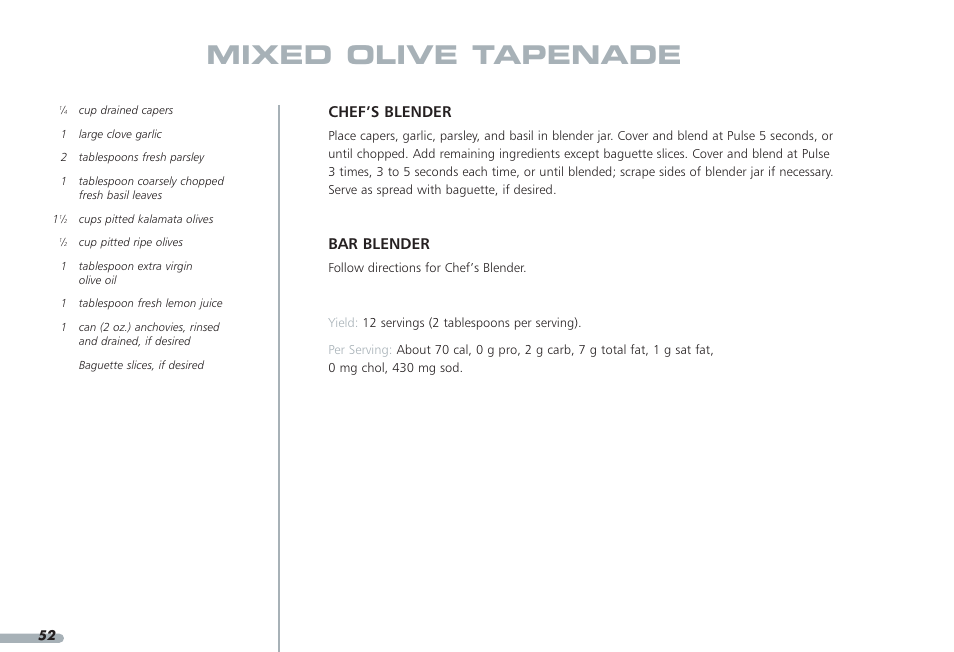 Mixed olive tapenade, Chef’s blender, Bar blender | KITCHENAID PROLINE KPCB148 User Manual | Page 53 / 78