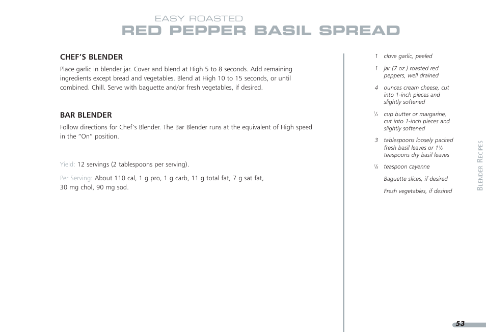 Red pepper basil spread, Chef’s blender, Bar blender | Easy roasted | KITCHENAID PROLINE KPCB148 User Manual | Page 54 / 78