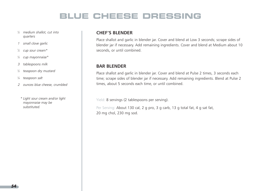 Blue cheese dressing, Chef’s blender, Bar blender | KITCHENAID PROLINE KPCB148 User Manual | Page 55 / 78