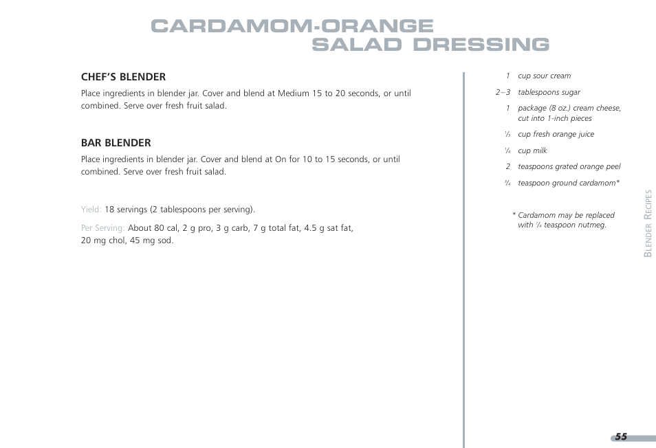 Cardamom-orange salad dressing, Chef’s blender, Bar blender | KITCHENAID PROLINE KPCB148 User Manual | Page 56 / 78