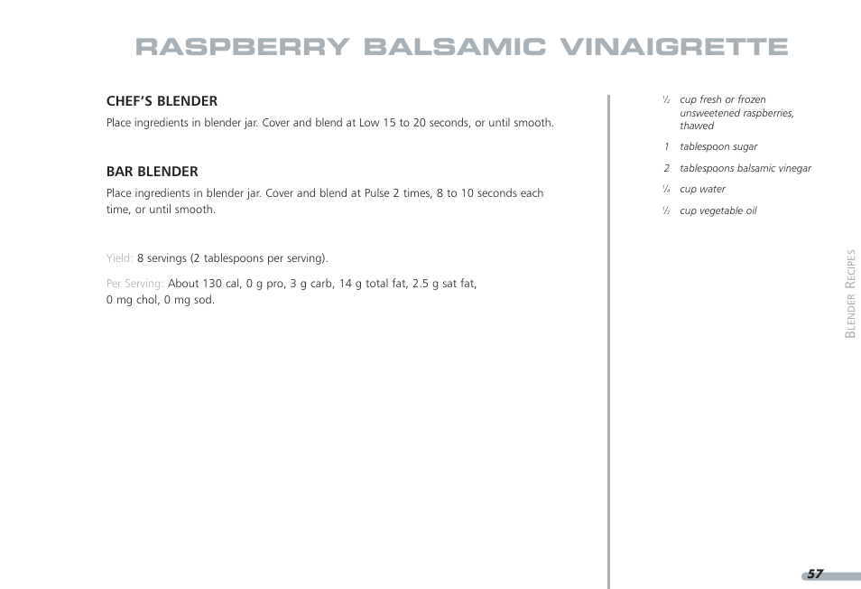 Raspberry balsamic vinaigrette, Chef’s blender, Bar blender | KITCHENAID PROLINE KPCB148 User Manual | Page 58 / 78