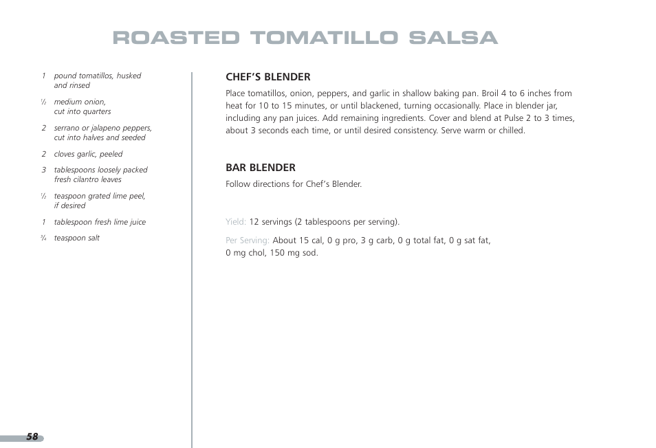 Roasted tomatillo salsa, Chef’s blender, Bar blender | KITCHENAID PROLINE KPCB148 User Manual | Page 59 / 78