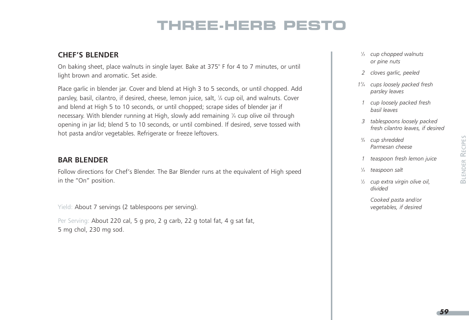 Three-herb pesto, Chef’s blender, Bar blender | KITCHENAID PROLINE KPCB148 User Manual | Page 60 / 78