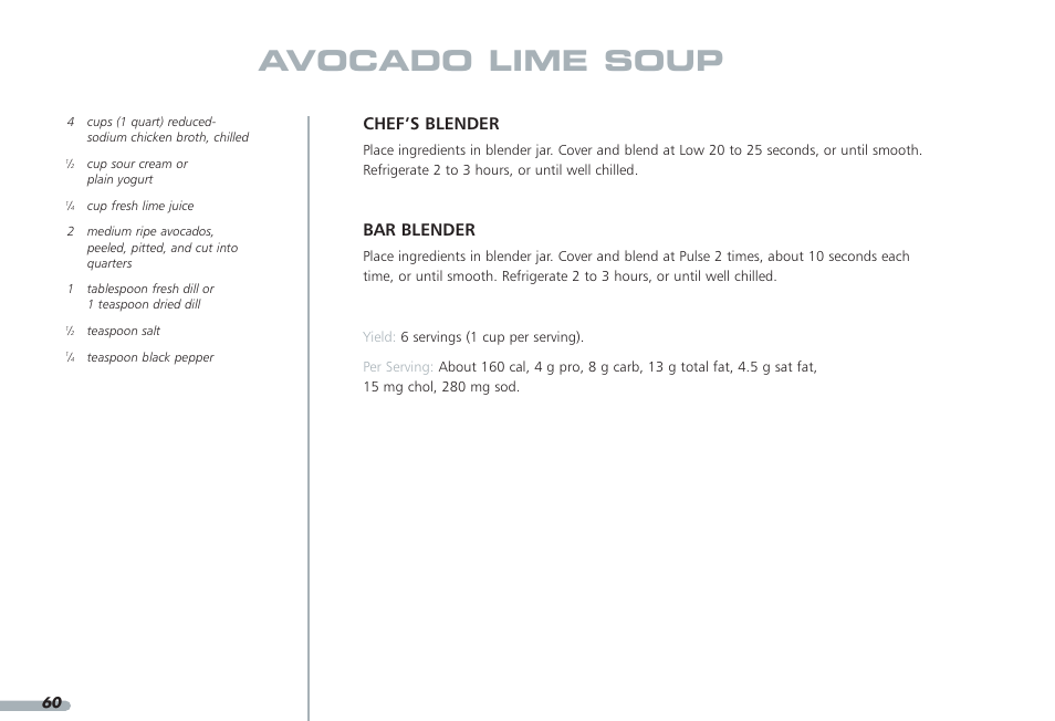 Avocado lime soup, Chef’s blender, Bar blender | KITCHENAID PROLINE KPCB148 User Manual | Page 61 / 78