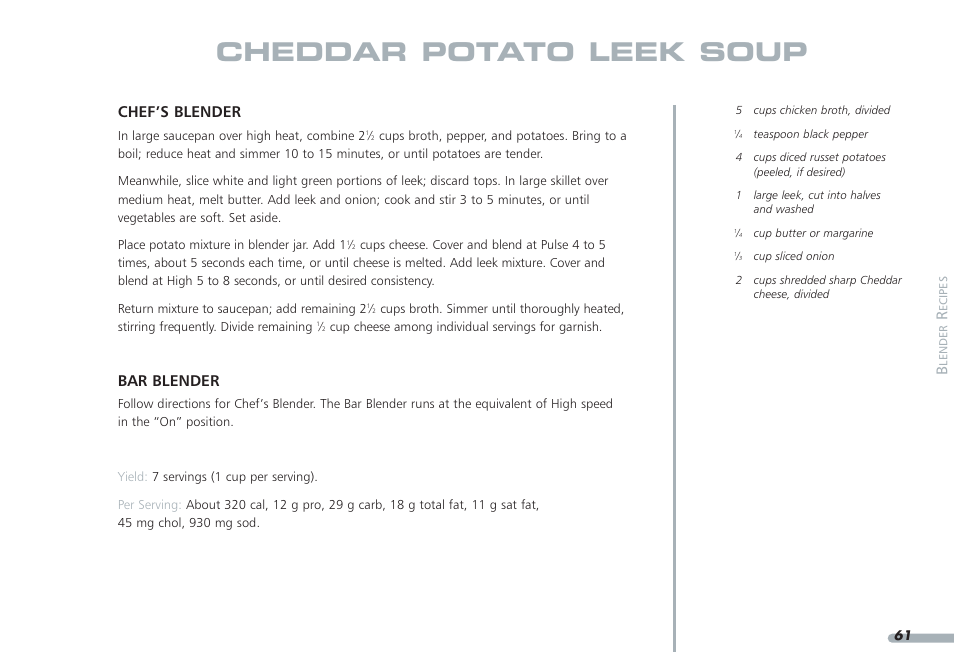 Cheddar potato leek soup, Chef’s blender, Bar blender | KITCHENAID PROLINE KPCB148 User Manual | Page 62 / 78