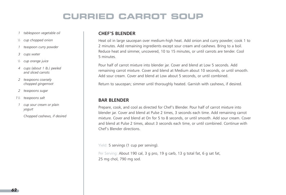 Curried carrot soup, Chef’s blender, Bar blender | KITCHENAID PROLINE KPCB148 User Manual | Page 63 / 78