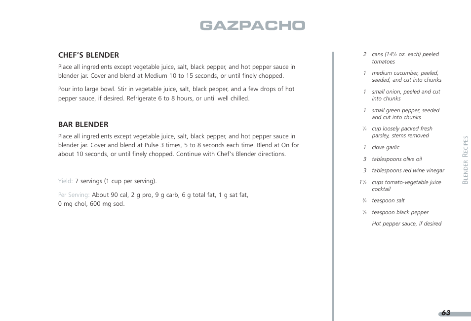 Gazpacho, Chef’s blender, Bar blender | KITCHENAID PROLINE KPCB148 User Manual | Page 64 / 78