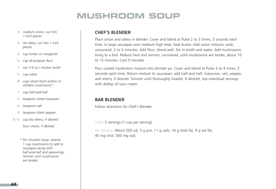 Mushroom soup, Chef’s blender, Bar blender | KITCHENAID PROLINE KPCB148 User Manual | Page 65 / 78