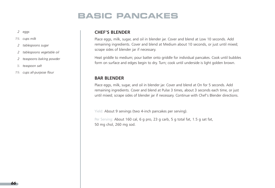 Basic pancakes, Chef’s blender, Bar blender | KITCHENAID PROLINE KPCB148 User Manual | Page 67 / 78