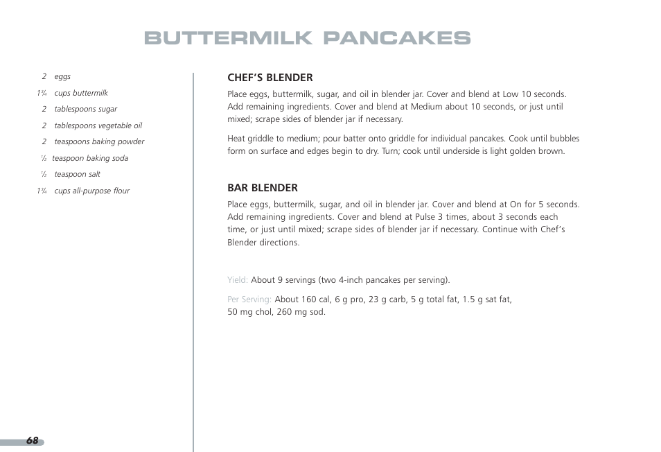 Buttermilk pancakes, Chef’s blender, Bar blender | KITCHENAID PROLINE KPCB148 User Manual | Page 69 / 78