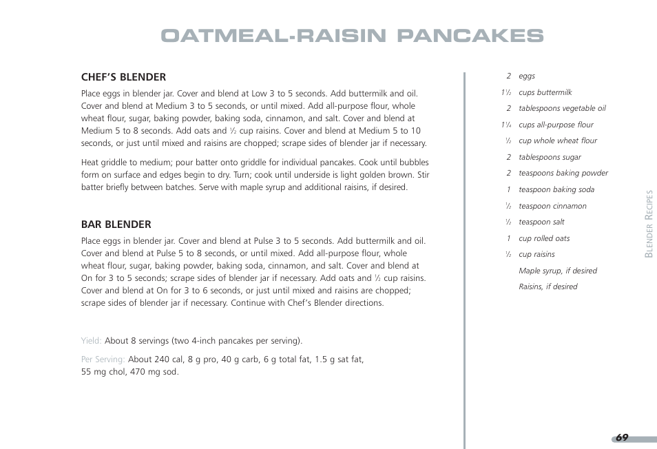 Oatmeal-raisin pancakes, Chef’s blender, Bar blender | KITCHENAID PROLINE KPCB148 User Manual | Page 70 / 78