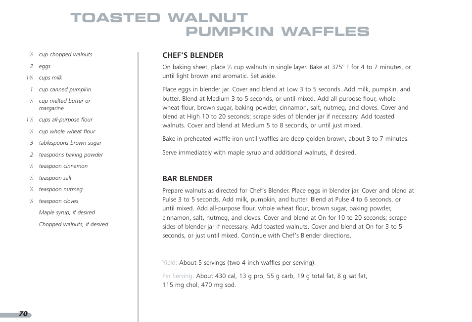 Toasted walnut pumpkin waffles, Chef’s blender, Bar blender | KITCHENAID PROLINE KPCB148 User Manual | Page 71 / 78