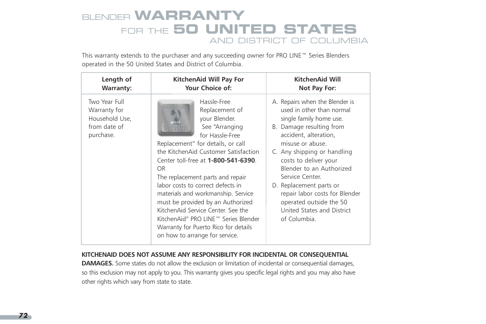 Warranty, 50 united states | KITCHENAID PROLINE KPCB148 User Manual | Page 73 / 78