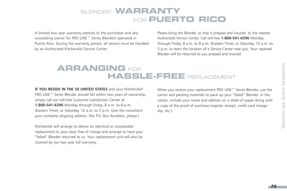 Warranty, Puerto rico, Arranging | Hassle-free | KITCHENAID PROLINE KPCB148 User Manual | Page 74 / 78