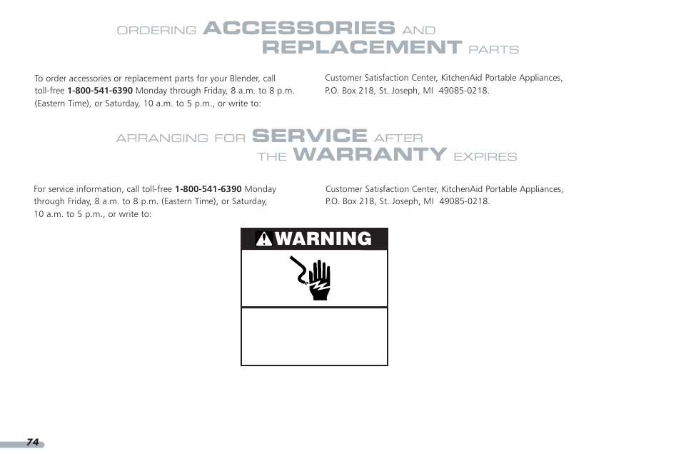 Accessories, Replacement, Service | Warranty, Warning | KITCHENAID PROLINE KPCB148 User Manual | Page 75 / 78