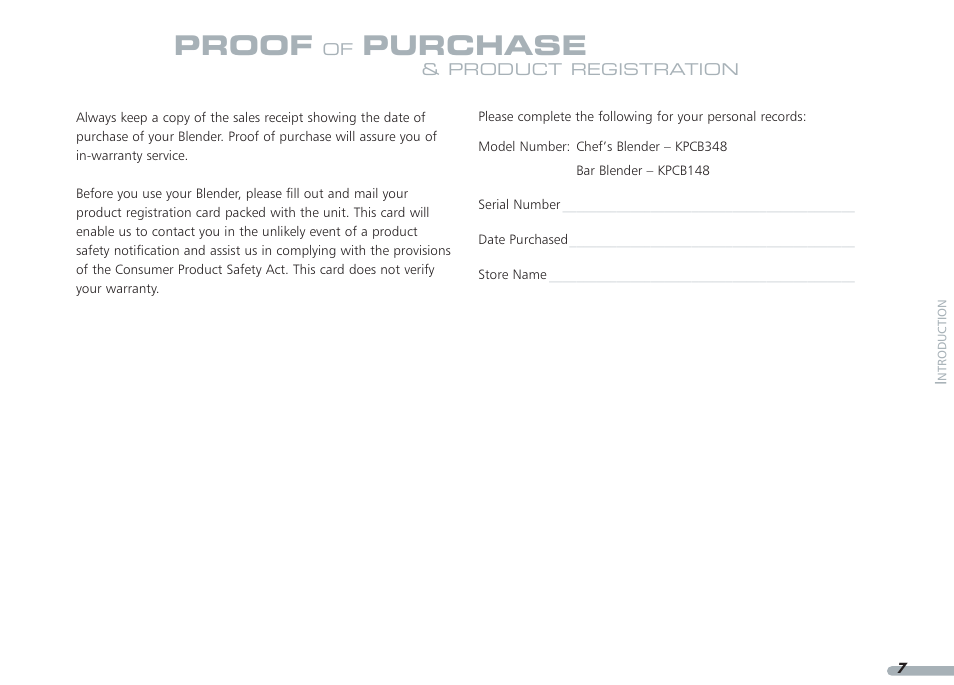 Proof, Purchase | KITCHENAID PROLINE KPCB148 User Manual | Page 8 / 78