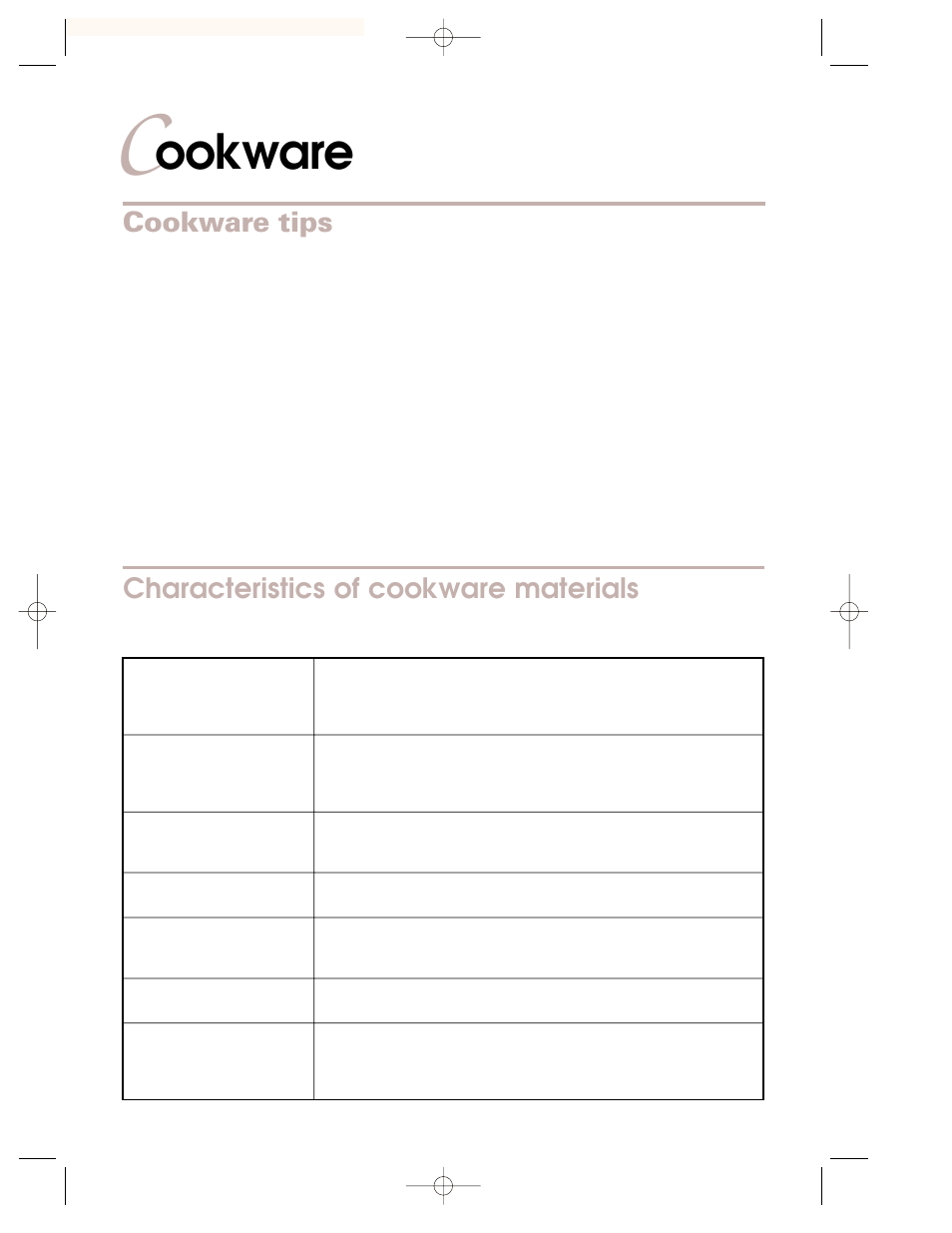 Cookware, Ookware, Cookware tips | Characteristics of cookware materials | KITCHENAID KKECT025 User Manual | Page 10 / 36