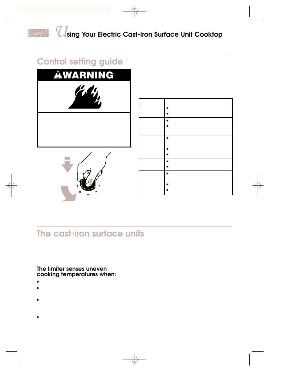 Wwarning, Control setting guide, The cast-iron surface units | Sing your electric cast-iron surface unit cooktop | KITCHENAID KKECT025 User Manual | Page 12 / 36